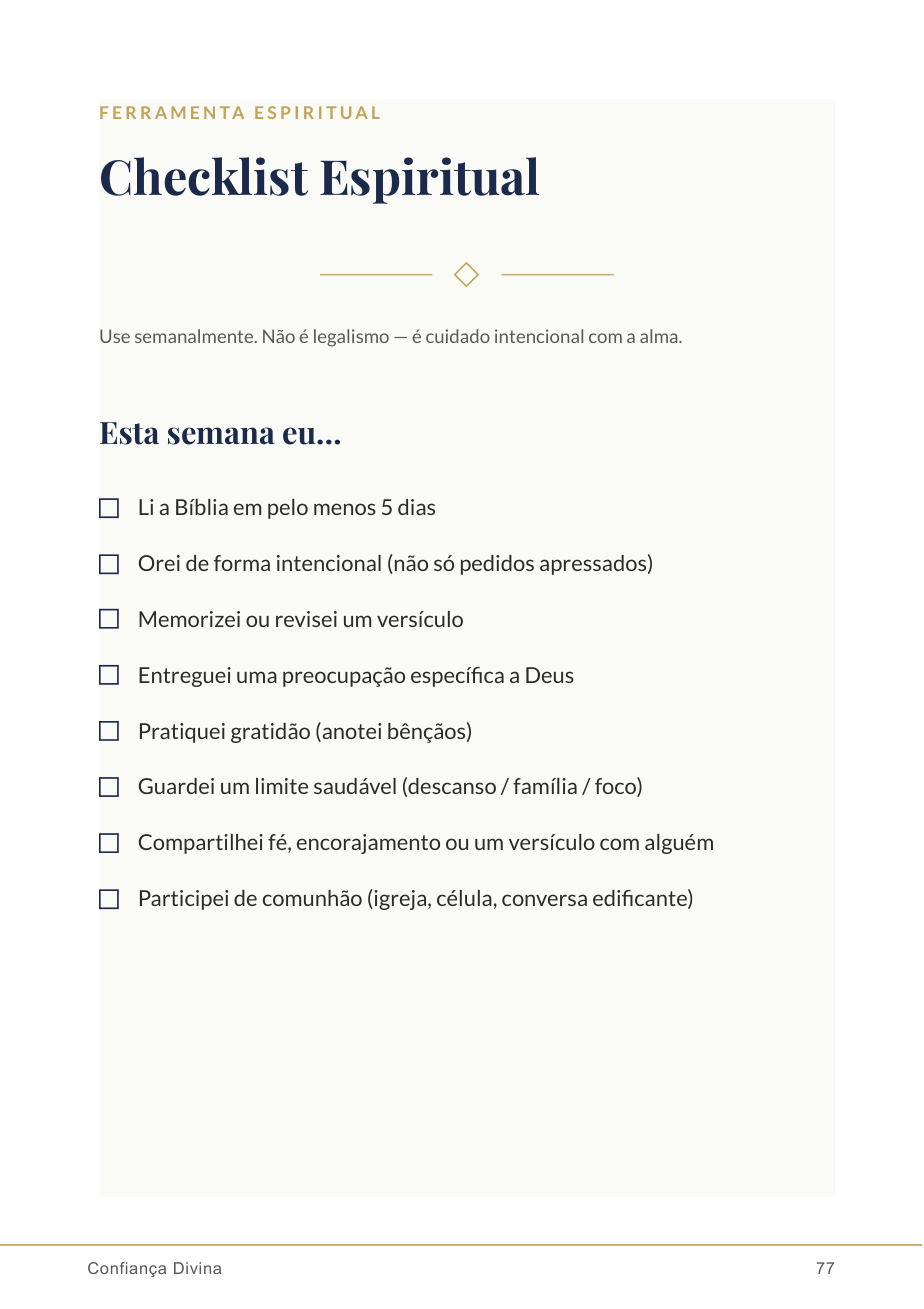 Checklist espiritual semanal do livro